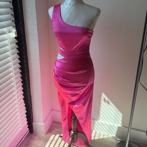 NWT Asymmetric One-Shoulder Satin Dress in Hot Pink